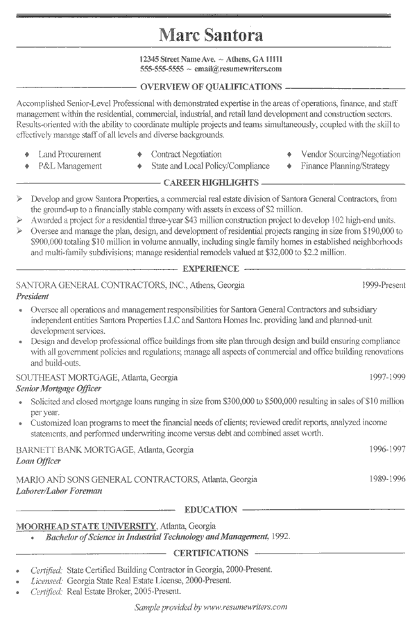 Executive Sample Resume Contractor Executive Sample Resume